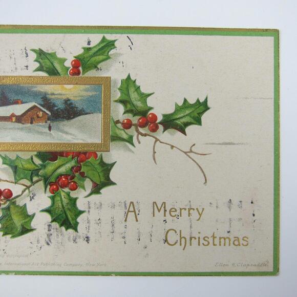 Christmas Postcard Snowy Cabin Holly Berries Clapsaddle Gold Embossed Antique - Picture 9 of 12